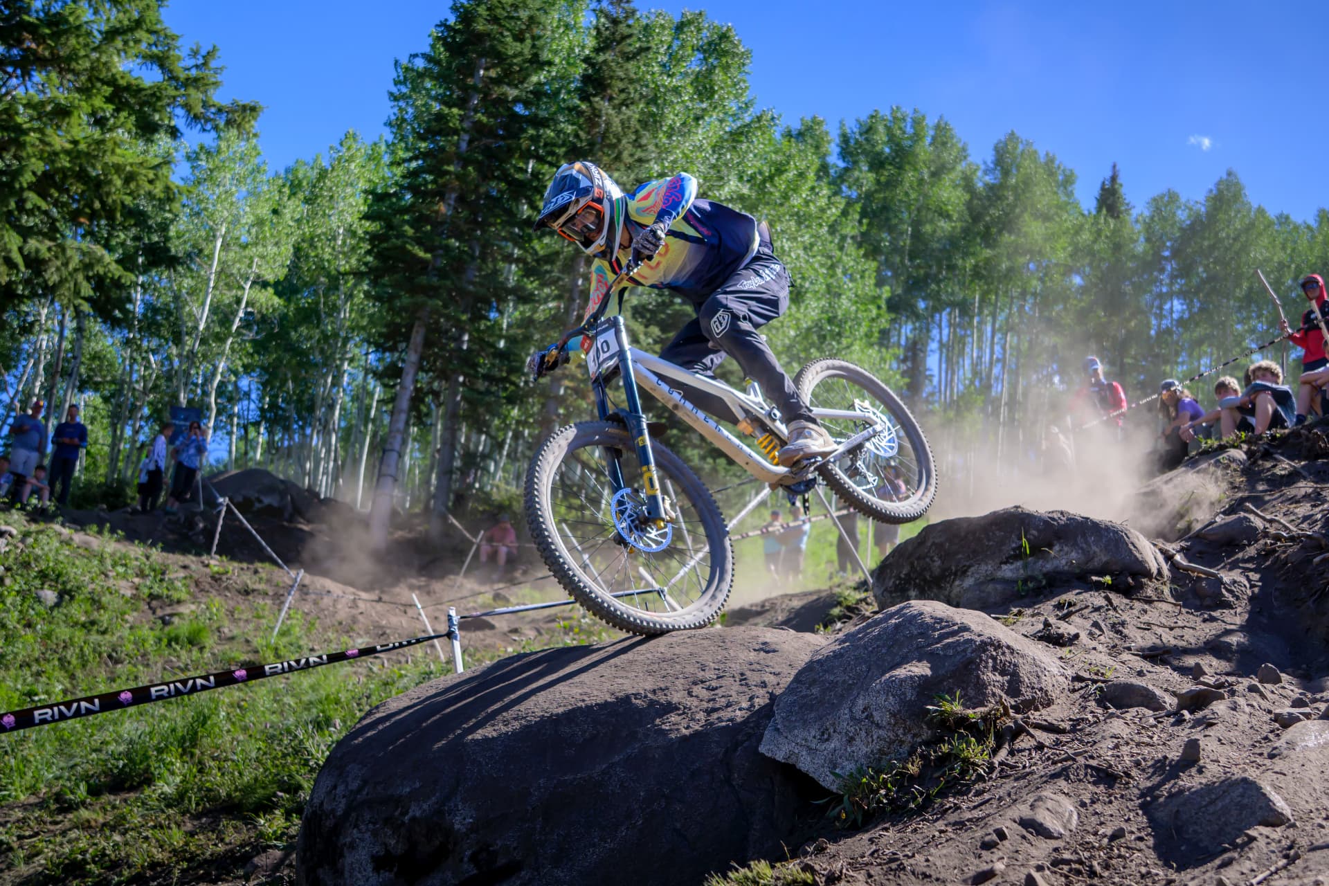 Nico Pfeifer racing downhill in the Colorado Rockies